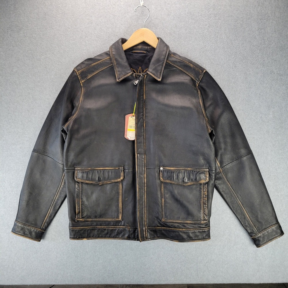 Tommy Bahama Rockin On Leather Moto Jacket Mens Size M Black Distressed T5667
